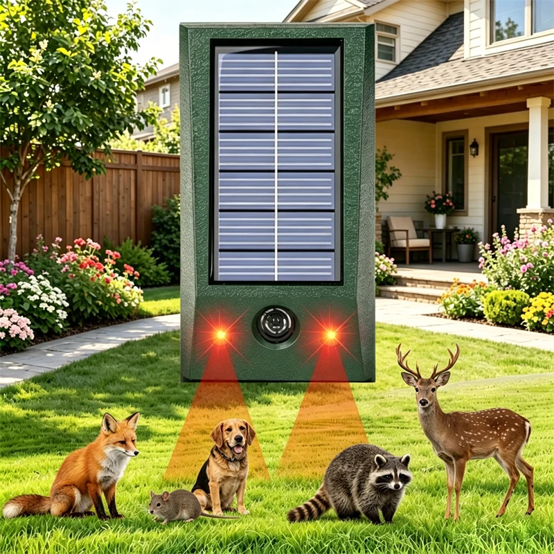 Solarbetriebener Ultraschall-Tiervertreiber für den Außenbereich mit Blitzlicht, wasserdichter Mäusevertreiber für Garten und Hof zur Schädlingsbekämpfung