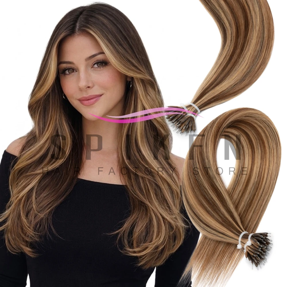 SPIKFN Bead Nano Ring Real Human Hair Extensions 50 Strands Black Brown Blonde Highlights 30g Pre-Bonded Nano Tip Hair 12-22inch