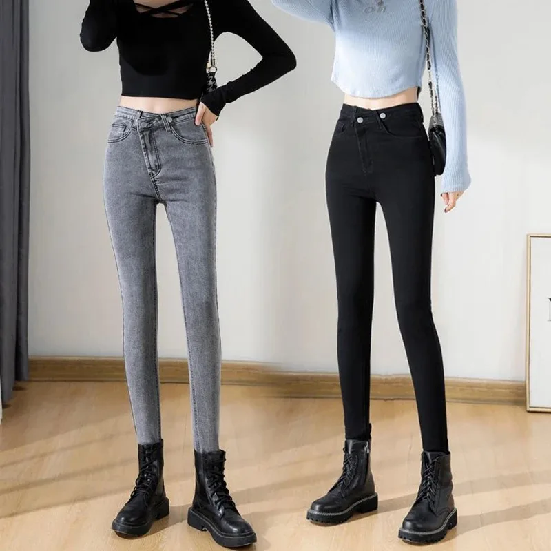 Spring Fall Skinny Denim Pants Vintage High Waist Women Ankle-length Pencil Jeans Casual Stretch Vaqueros Korean Leggings Pants