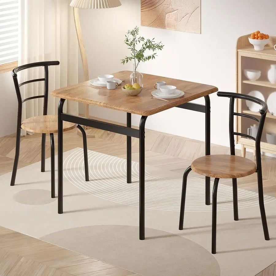 

3 Piece Dining Table amp Chairs Set for 2, Metal and Wooden Square Kitchen Dinette Set for Small Space, Breakfast Nook, Saving S