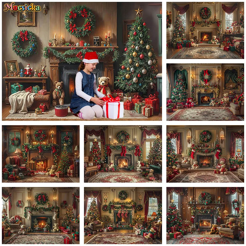 

Winter Photography Background Christmas New Year Party Xmas Tree Fireplace Teddy Bear Backdrop Kid Portrait Photo Banner Studio