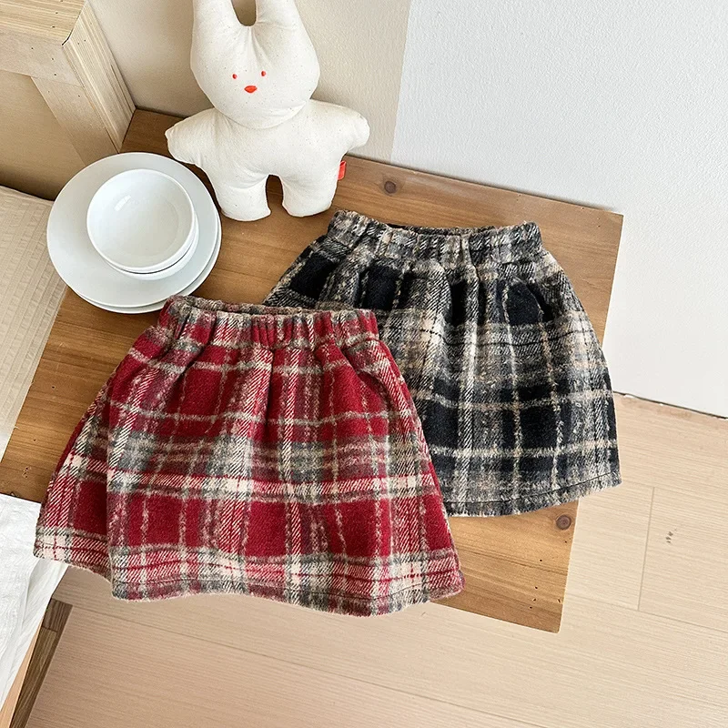 

Girls' Thickened Plaid Tweed Skirt - Winter Warm Tartan Dress for Big Kids | Red Wool Blend