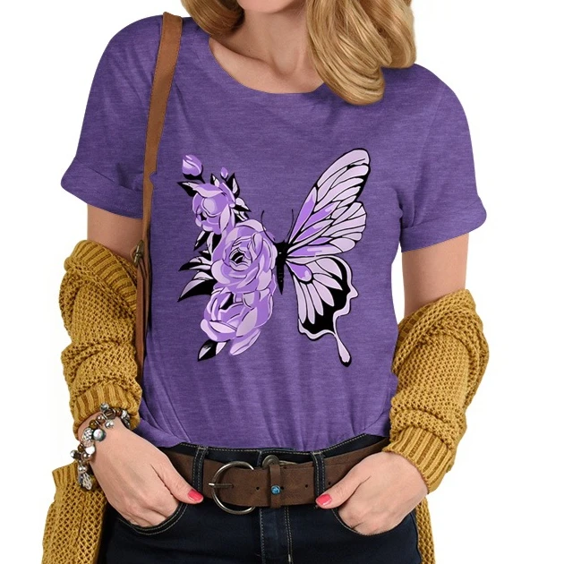 Women's Casual Butterfly & Floral Print T-shirt Tops Girls Clothing Harajuku Fashion Soft Tee Aesthetic Vintage Shirts Female