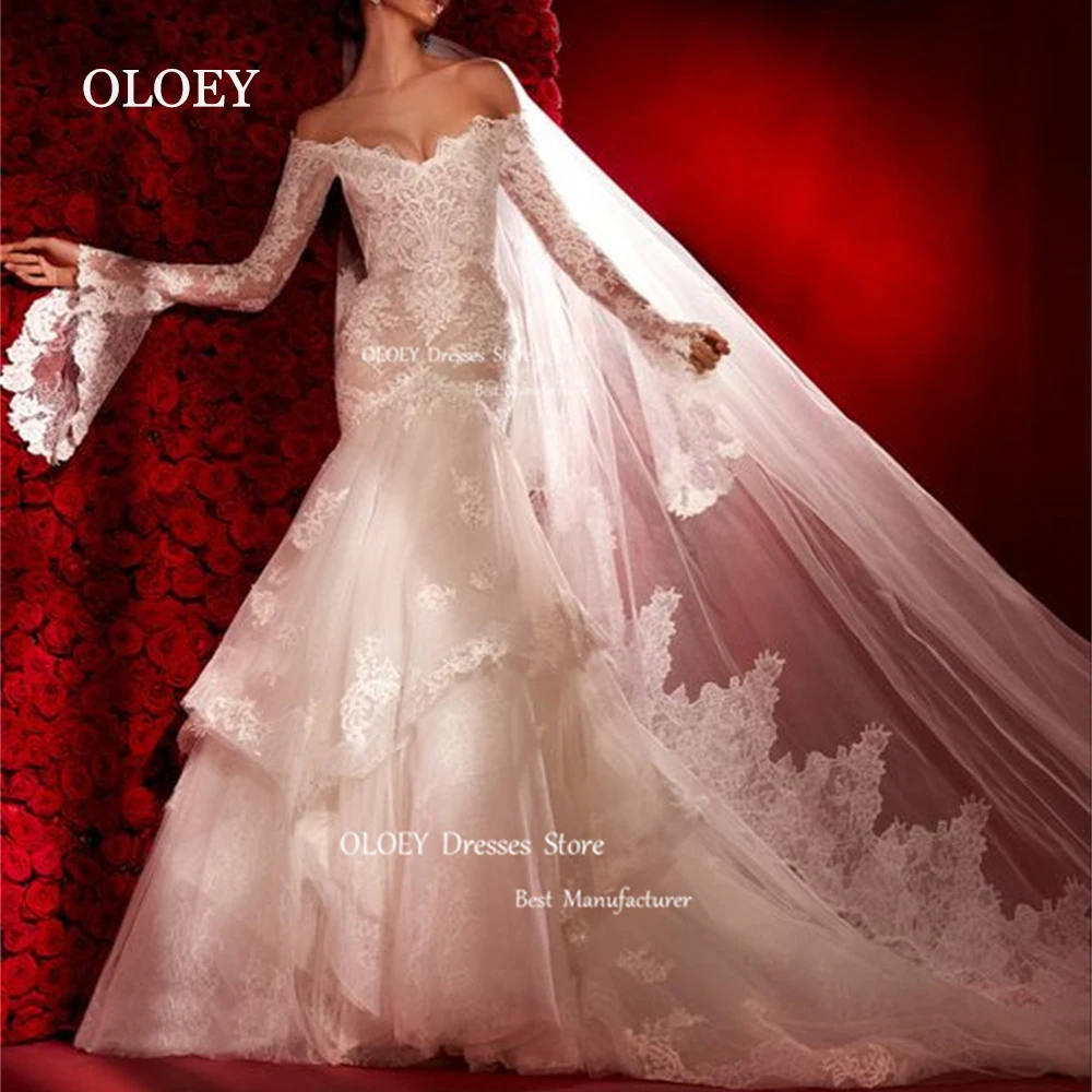 OLOEY Exquisite Lace Mermaid Wedding Dresses Sweetheart Bridal Gowns Sweep Train Off Shoulder Long Sleeves 2024 New Custom Made