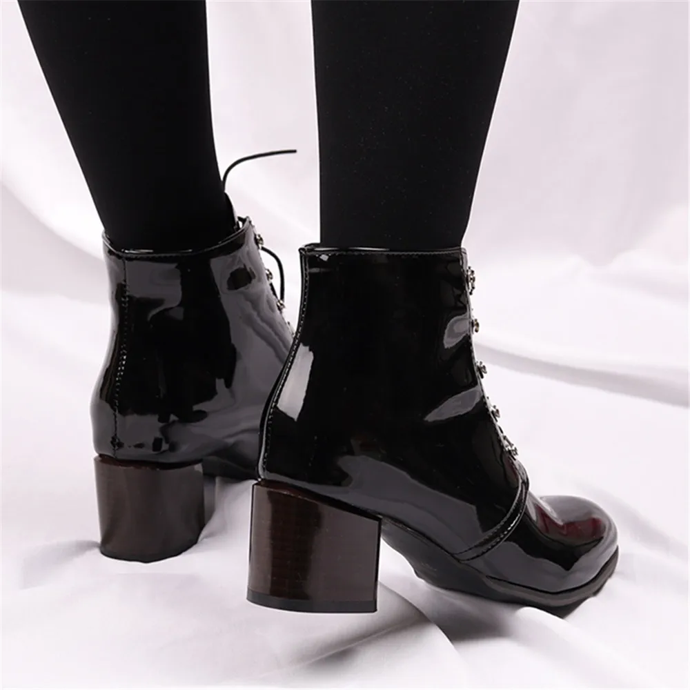 Spring Autumn New Arrival Fashion Shoes Women Boots Lace-up Patent Leather Ankle Boots Pointed Tick Heels Platform Boots Punk 43