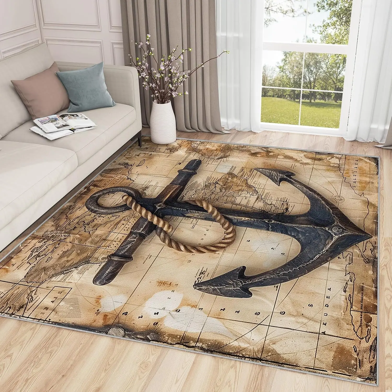 Large Rustic Nautical Sailing Map Anchor Coastal Maritime Area Rug Washable Non Slip Carpet for Living Room Bedroom Home Decor