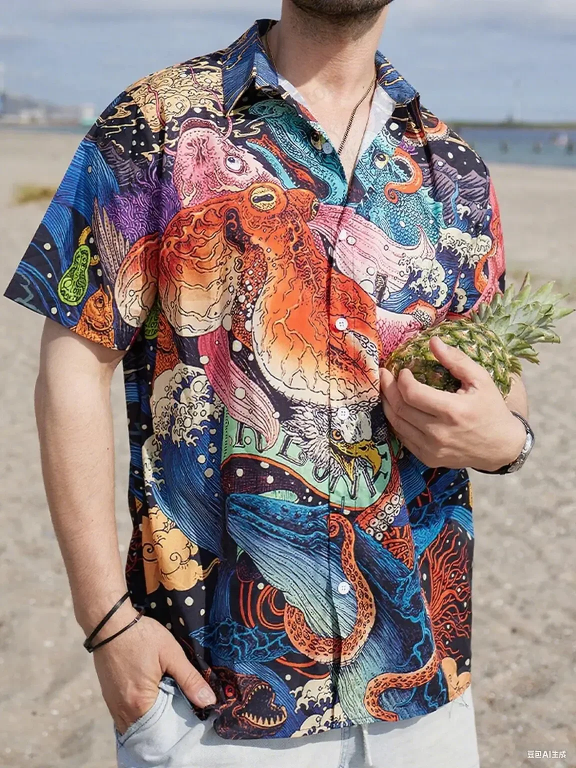 

Men's Basic Marine Animal 3D Printed Short-sleeved Lapel Shirt Hawaii Beach Vacation Casual Light and Breathable Beach Shirt Top