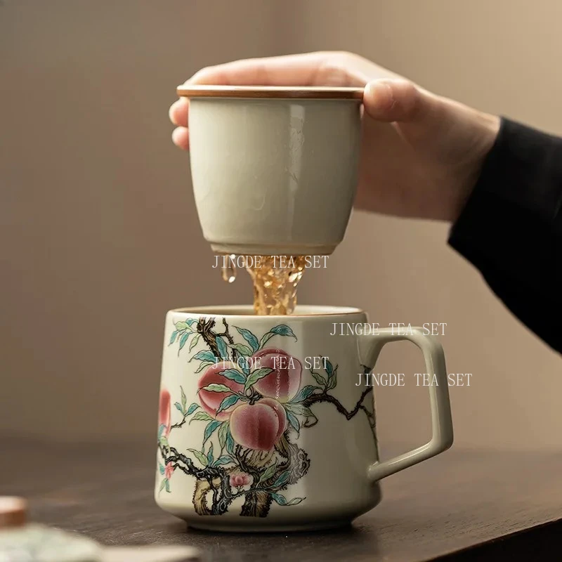 400ml Chinese Ru Kiln Porcelain Filter Tea Separator Cup Nine Peach Office Work Cup Can Nourish Personal Handgrip Cups Drinkware