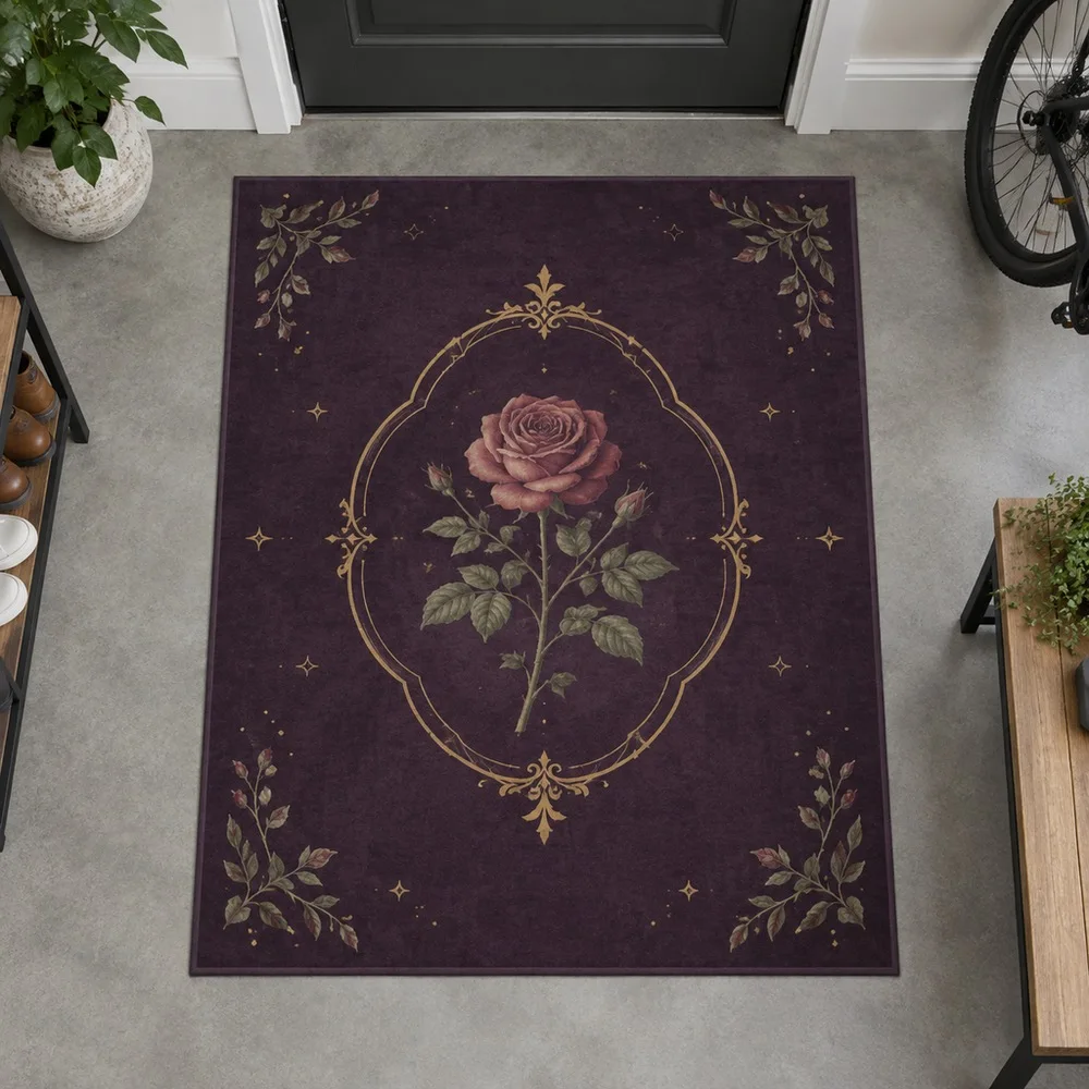 VIKAMA Door Mat Deep Plum Single Rose Botanical Sketch Cozy Stain Resistant Non Slip Entryway Sofa Guest Room Sunroom Home Decor