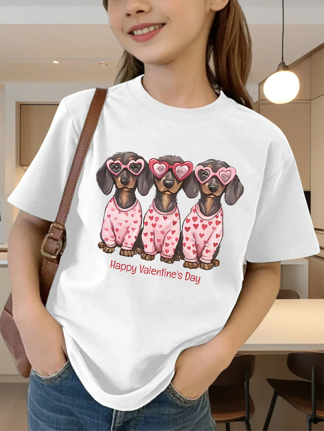 Valentine Dachshund Heart Print Boys Girls T Shirt Lovely Pet Kids Tee Parent Child Matching Casual Summer Family Daily Tops