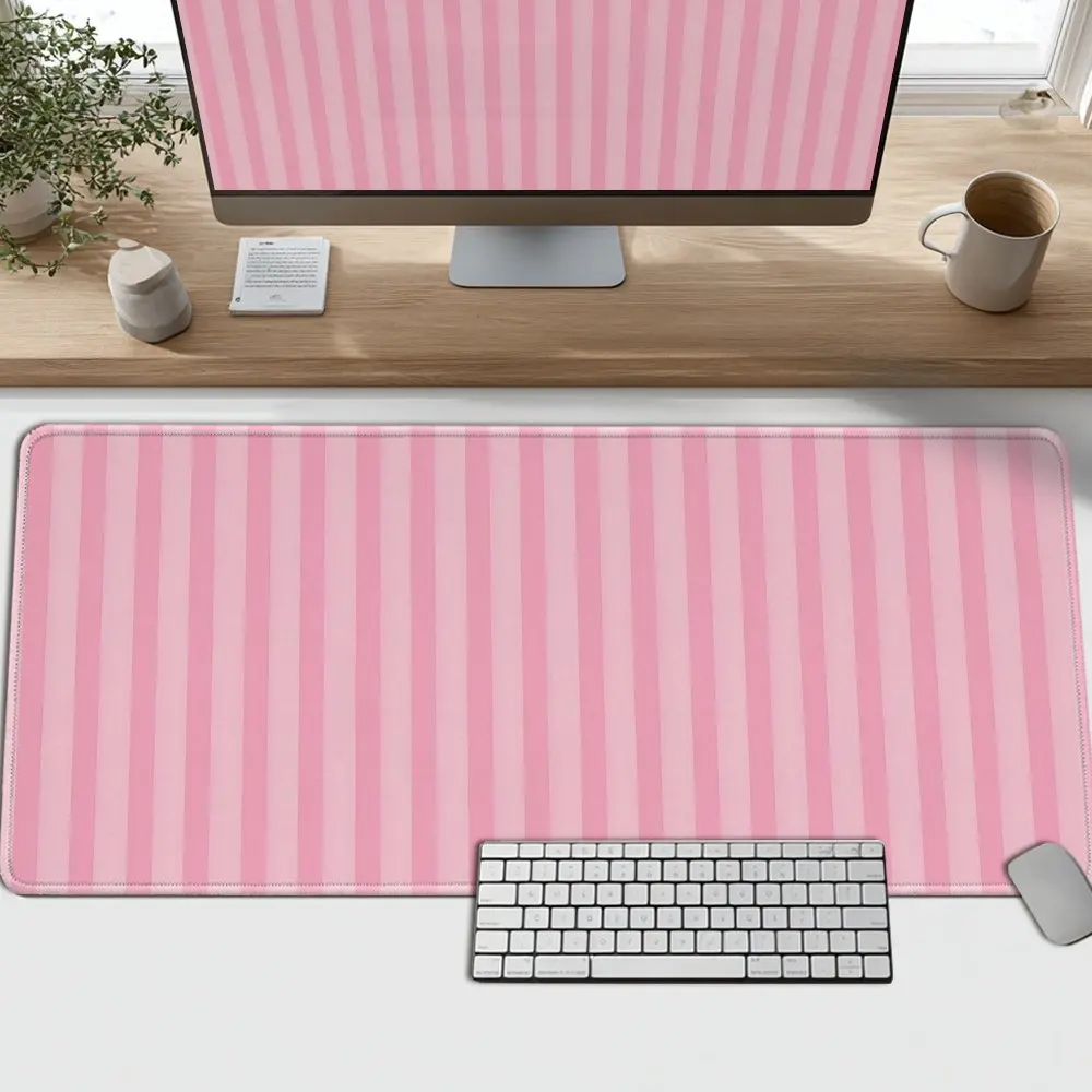 Pink Stripe Oversized Desk Pad Rubber Gaming Mouse Pad Aesthetic Workstation Mat
