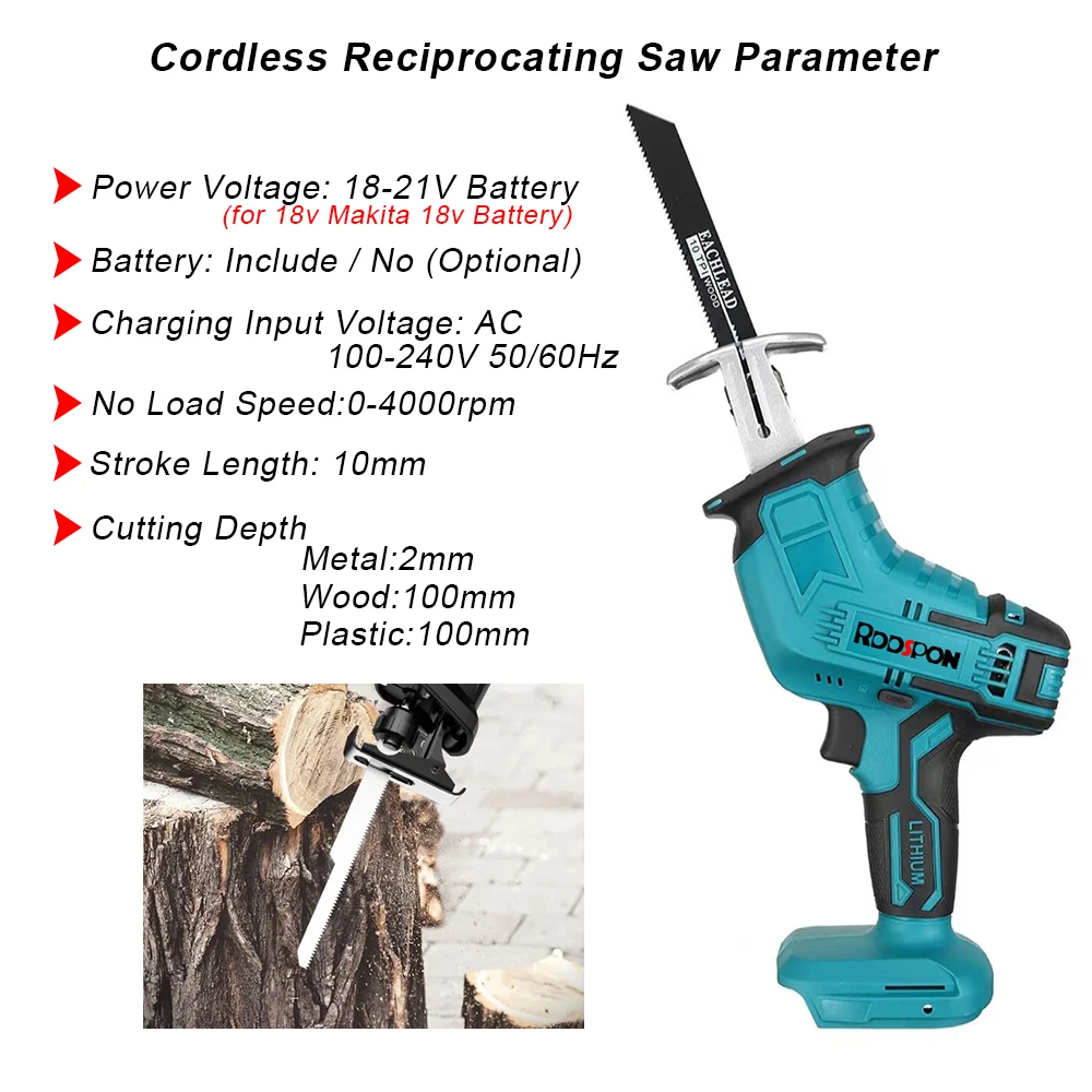 18v Cordless Reciprocating Saw with Battery Adjustable Speed Chainsaw Wood Meta PVC Pipe Cutting Reciprocating Saw Power Tools