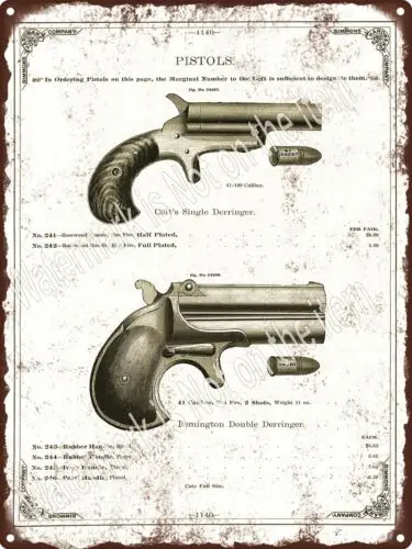 1890 Colt Single Shot Derringer Remington Podwójne pistolety Metalowy znak 9x12\