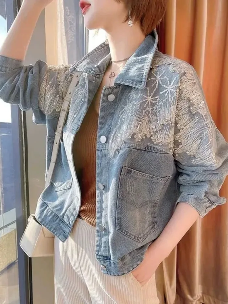 Europe America Vintage Blue Denim Jackets Embroidery Lace Patch Sequin Cowboy Coat Loose Turn-down Collar Temperament Casual Y2K