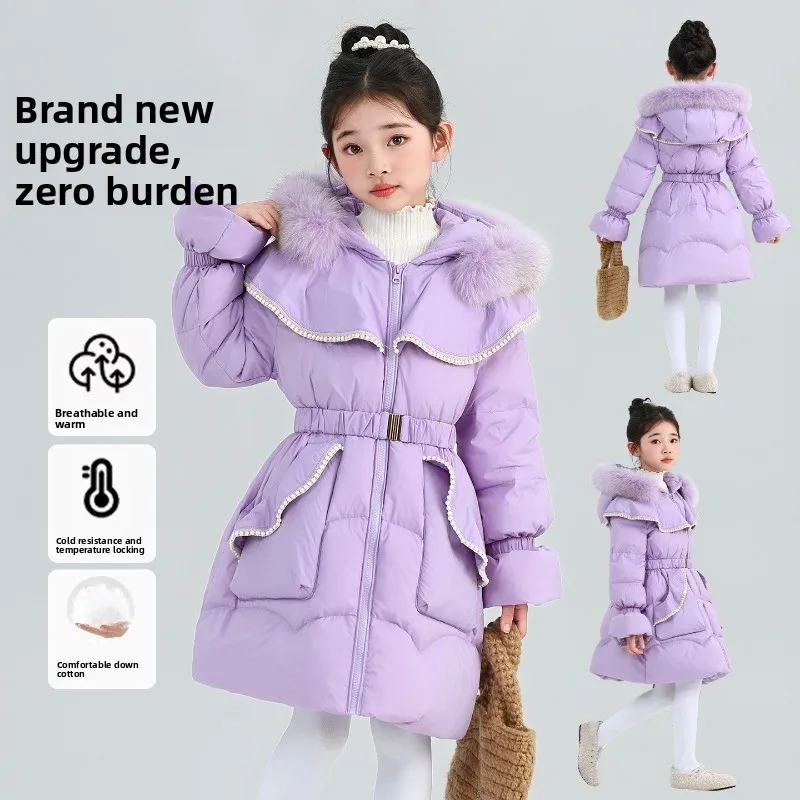 

Girl 2025 New Hooded Woolen Collar Medium Length Cotton Coat Korean Version Fashionable Waist Cinching Thick Warm Cotton Coat