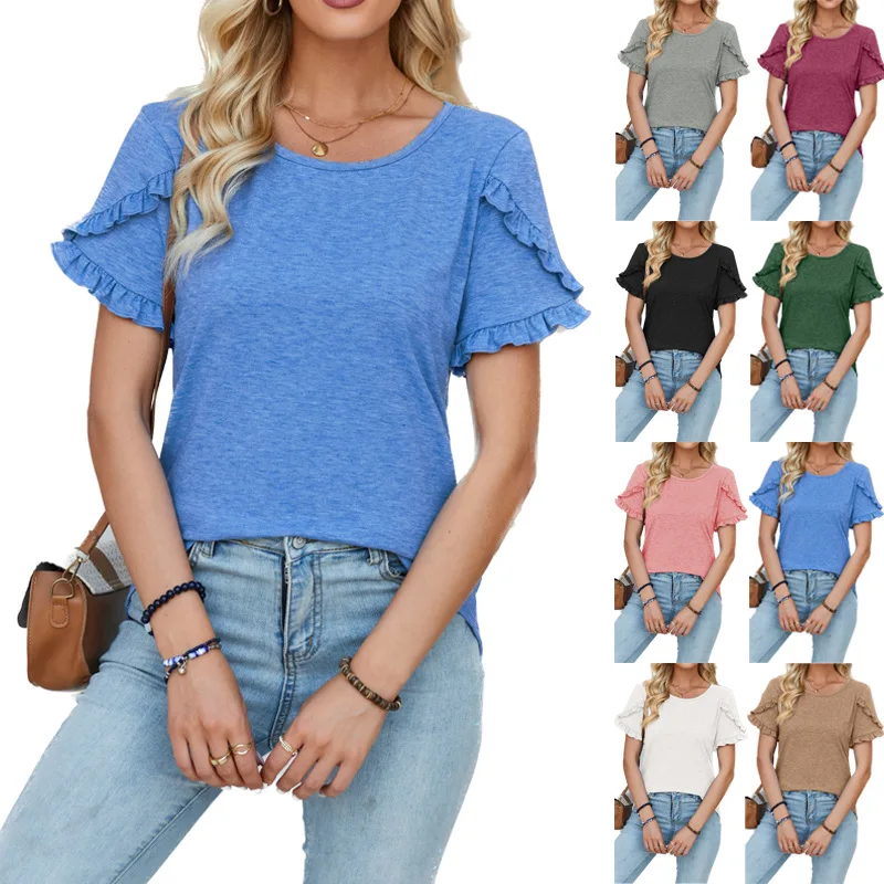 2024 Summer Top Women Round Neck Petal Sleeve Patchwork Solid Color T-shirt Women's Top Soft Comfy Tees Women's T-shirt Tops