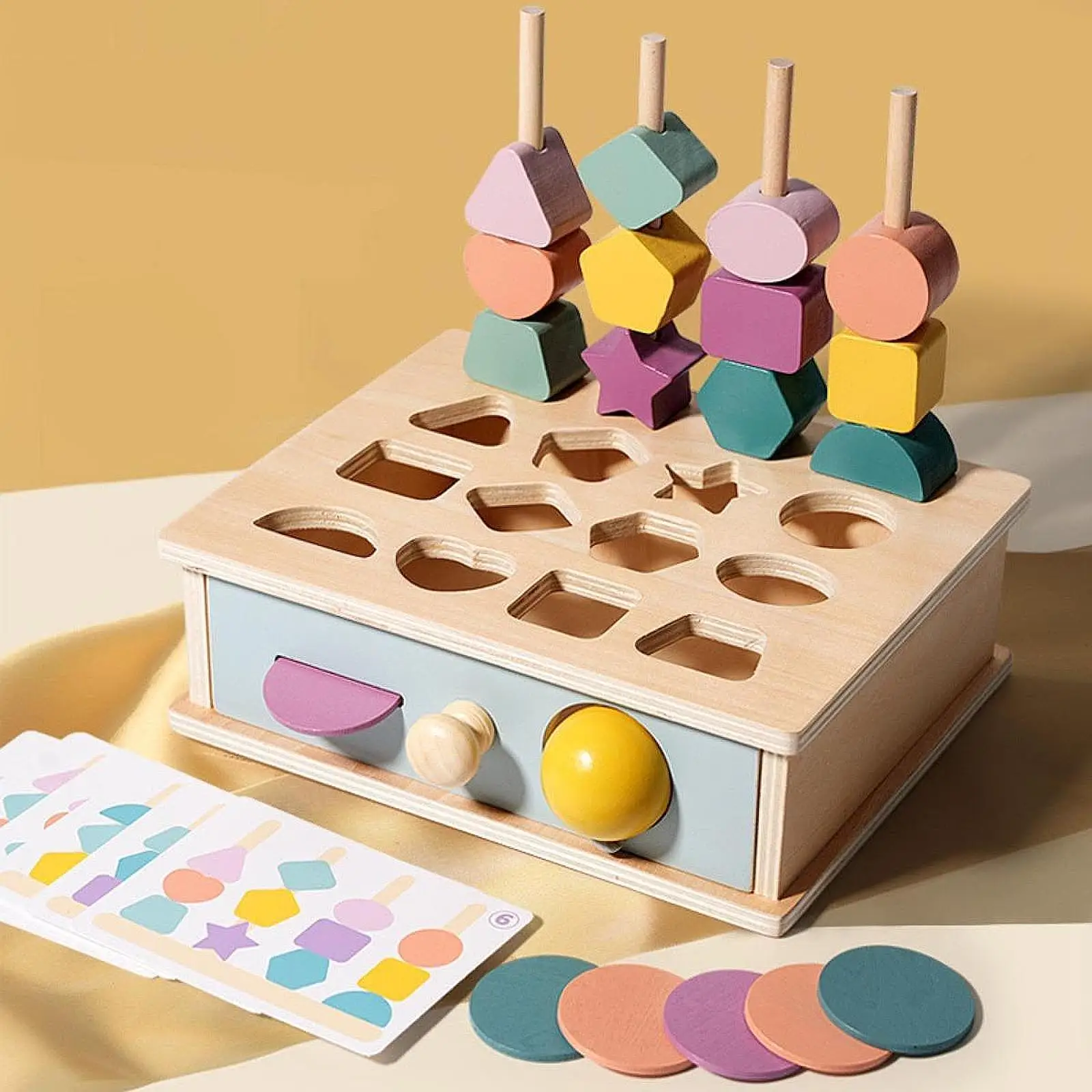 Wooden Beads Sequencing Toy Lacing Beads Matching Shape Colors Early Educational Beaded Toy for Kids Boys Girls Birthday Gift