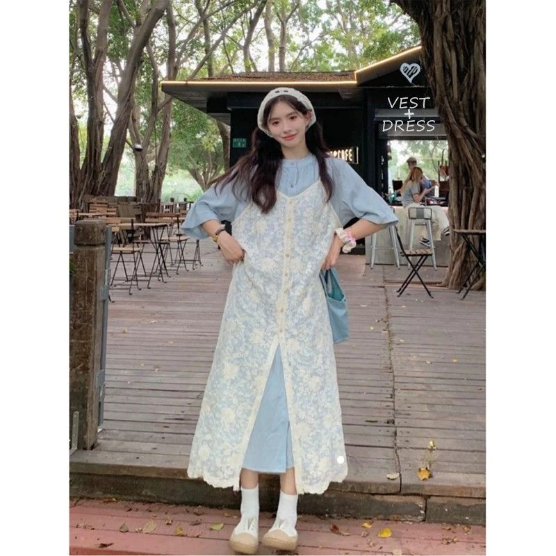 

Fresh and Sweet Stacked Holiday Suit Women's 2025 Spring and Summer Lace Dress Shirt Dress Two-piece Suit