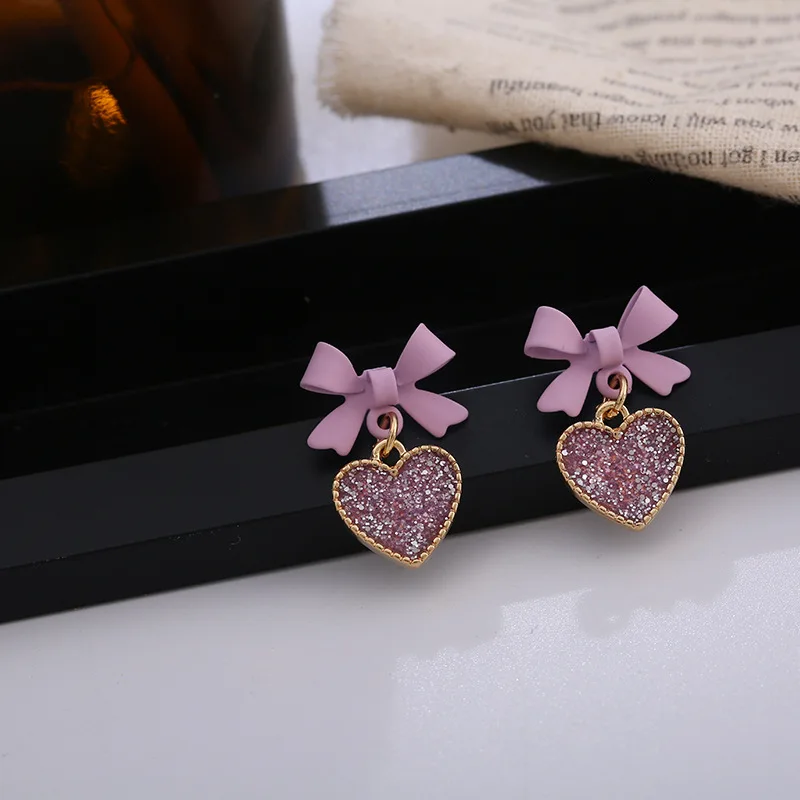 

Elegant Purple Crystal Heart Dangle Earrings Fashion Korean Lovely Bow Drop Earrings Romantic Girls Women Party Jewelry Gift