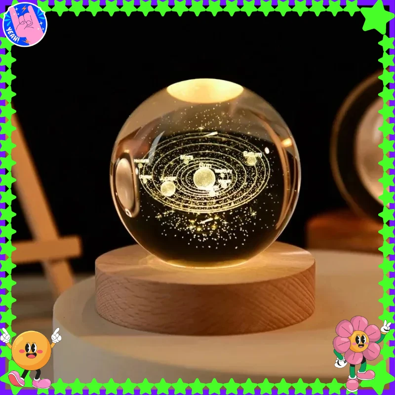 كرة كريستال ديكور النظام الشمسي كرة كريستال 6 سم - كواكب علم الفلك ثلاثية الأبعاد مع ضوء ليلي ناعم، تتضمن القمر ورائد الفضاء