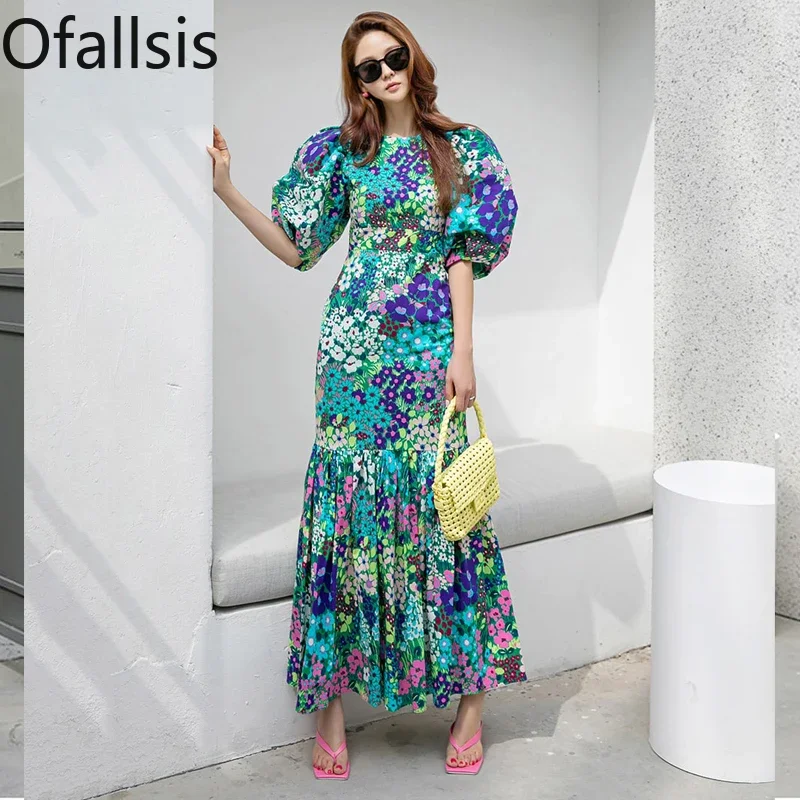 Ofallsis High End Floral Printed O neck Evening Dress 2023 New Women's Summer Style Puff Sleeved French Ruffle Hem Long Dresses