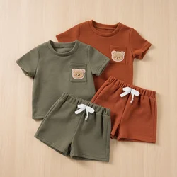 2024 Summer New Kids Suit Toddler Boys Girls Solid Colour Suit Cute Bear Short Sleeve + Breathable Shorts 2pcs Comfortable