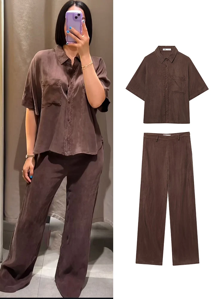 TFMLN ผู้หญิง Chic Top กางเกงชุด Elegant เปิดลงปกเสื้อแขนสั้นเอวสูงตรงกางเกง Chic Lady Leisure ชุด