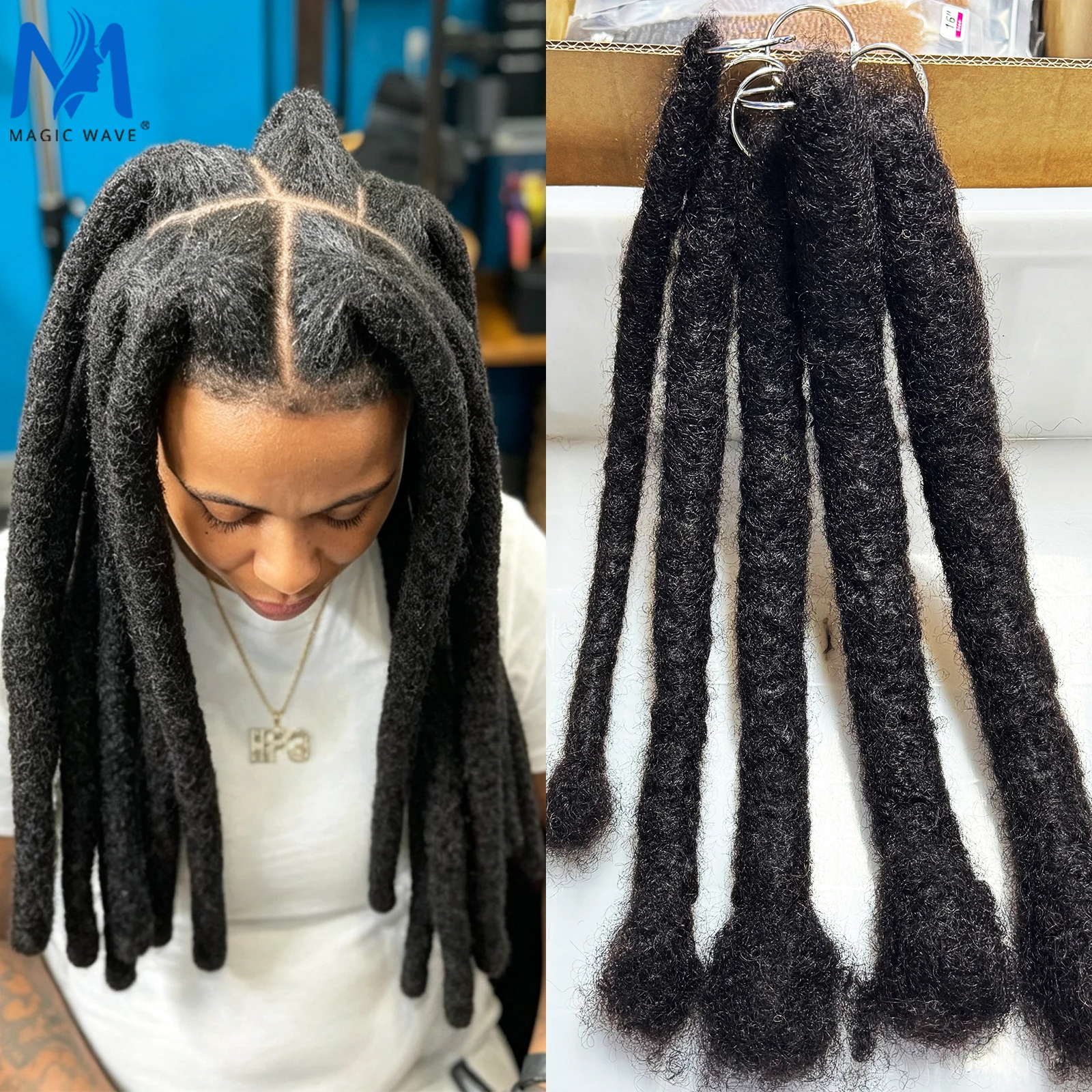 幅2cm～4cmのウィック状のヘアエクステンション。8～20インチのジャンボロック。男性・女性用の、手作りで、パーマネントに装着できる人毛エクステンション。