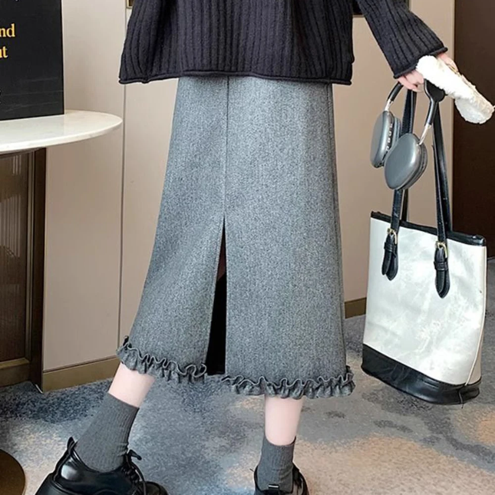 Falda recta envuelta en la cadera gruesa de terciopelo de invierno para mujer con brotes de lana gris falda de un solo paso dividida de cintura alta
