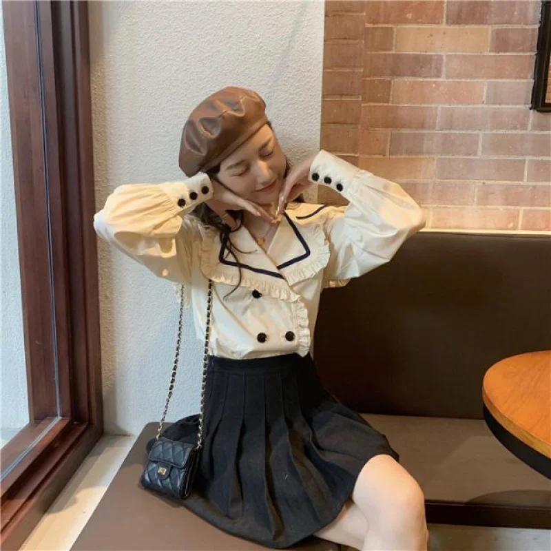 insGirl's Ruffled Clothes Doll Collar Shirt Female Student Korean Style Loose Puff Sleeve Top Summer Outer Wear