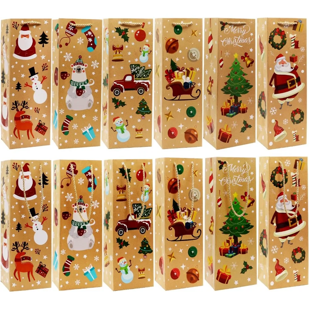 

12Pcs Christmas Wine Tote Bags, Xmas Thick Kraft Paper Gift Bags for Wine Bottle Wrapping