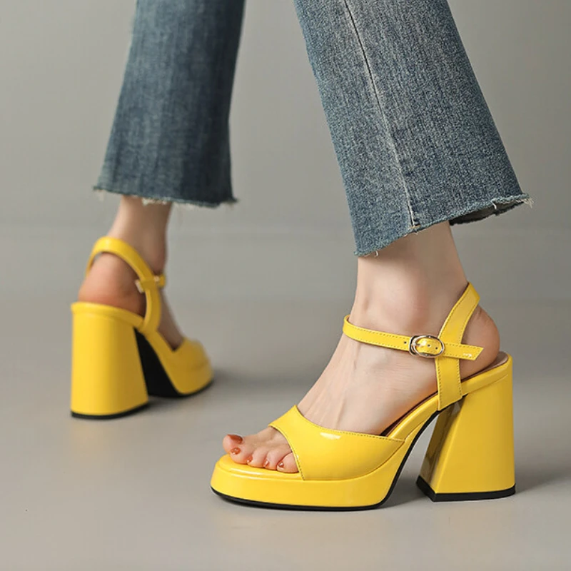 2023 Summer Woman Shoes High Heeled Sandals Soft Leather Platform Shoes Luxury Thick Sole Sandals Square High Heels Plus Size 43