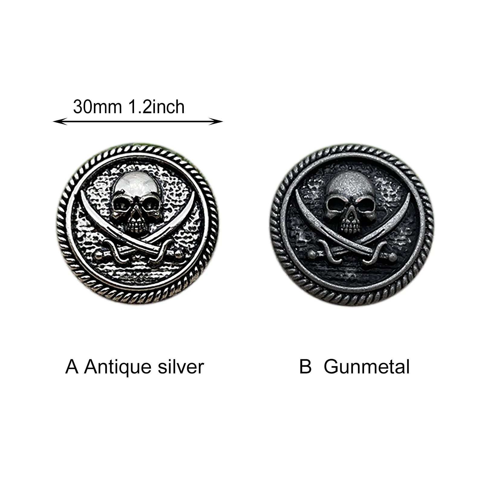 Grande antigo pirata crânio cabeça Concho parafuso de volta Rivet, Metal, 30mm, 1.2 ", 2pcs