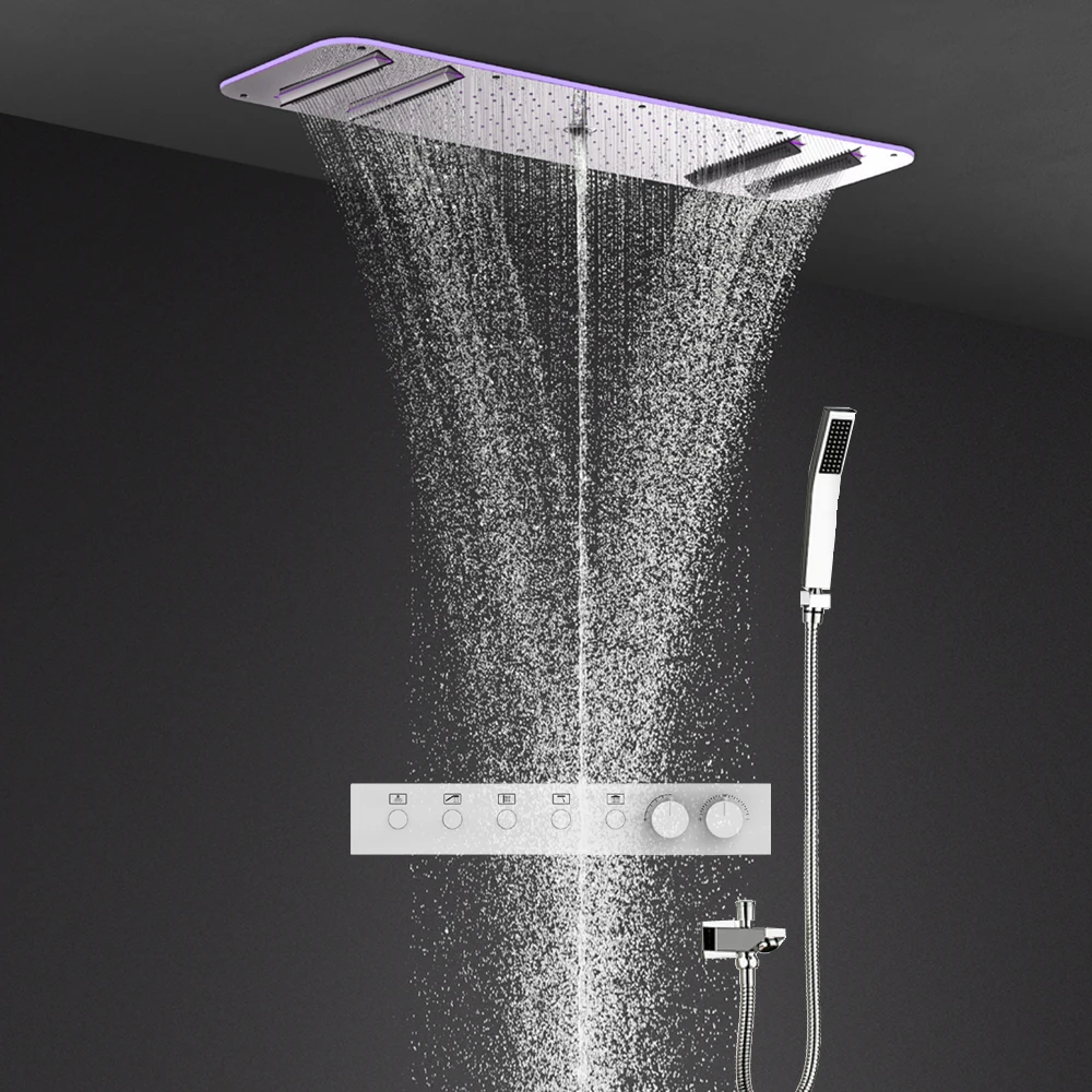 Dual Waterfall Rainfall Column Shower Panel LED Bathroom Set Thermostatic 5 Ways  Mixing Valve