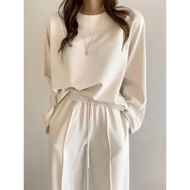 ربيع الخريف المرأة طويلة الأكمام البلوز مرونة الخصر بنطال ذو قصة أرجل واسعة قطعتين مجموعة أزياء عارضة الرياضة البدلة