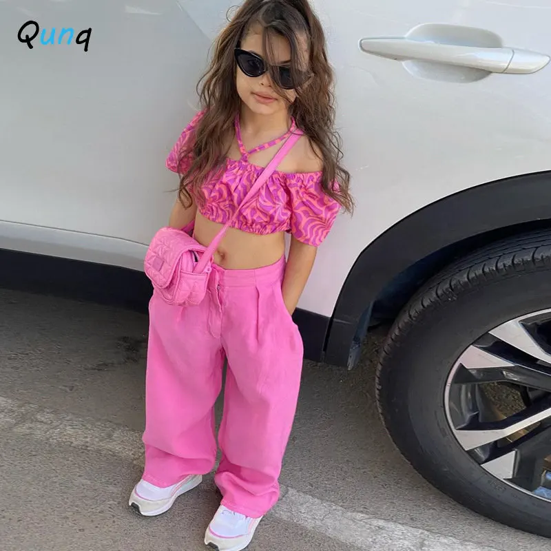 Qunq Summer Girls Hang a Neck Off Shoulder Pleated Puffed Sleeves Top+Straight Pants 2 Pieces Set Casual Kids Clouthes Age 3T-8T