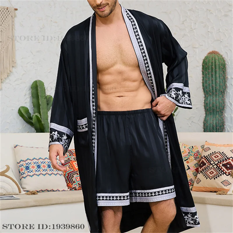 Spring Summer New Men Pajama 2PCS Robe Shorts Set Baroque Style Silk Satin Kimono Bathrobe Gown Loose Home Clothing Loungewear