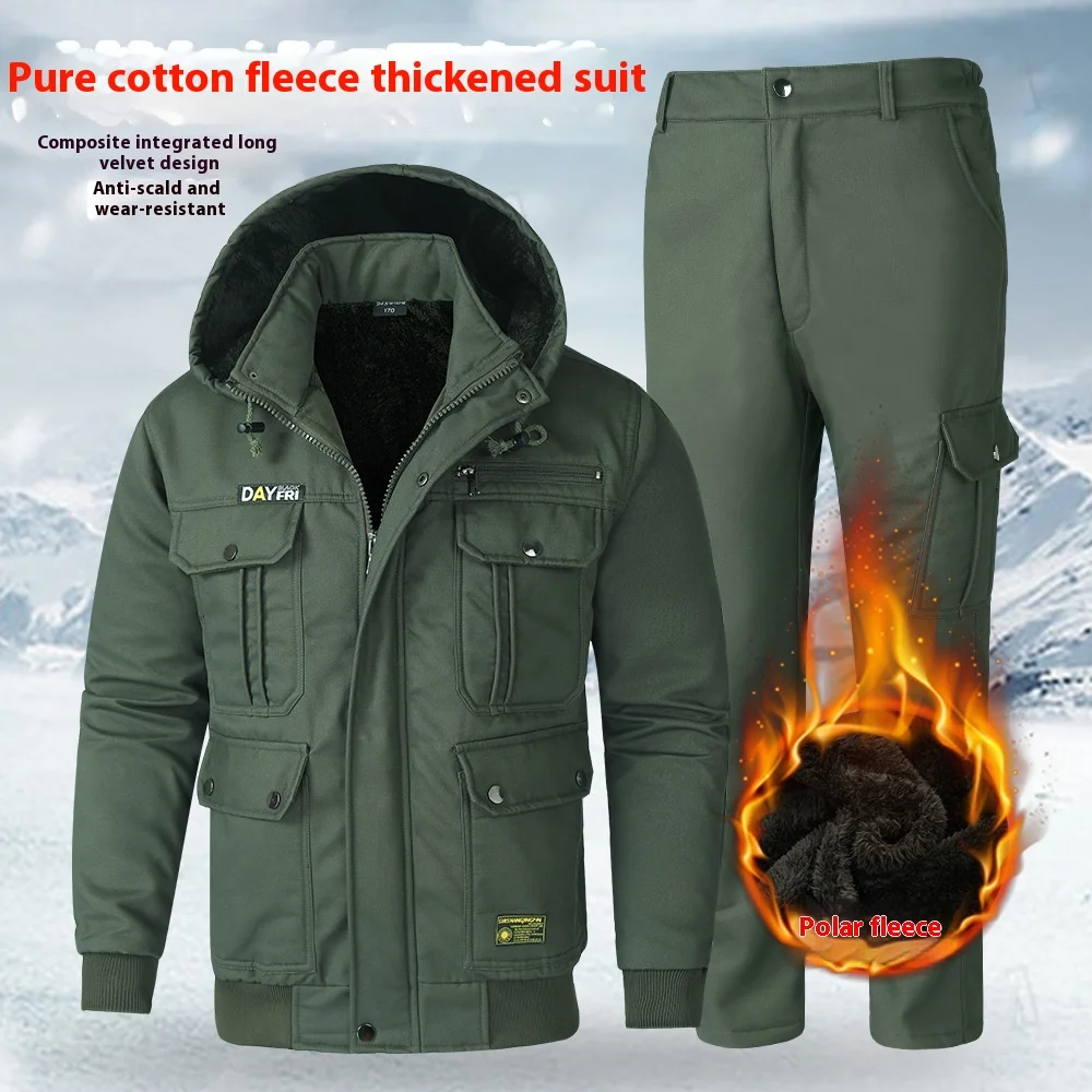 Conjunto de ropa de trabajo de algodón puro para hombre, traje de protección laboral de lana térmica gruesa, resistente al viento y al desgaste, a prueba de suciedad, invierno