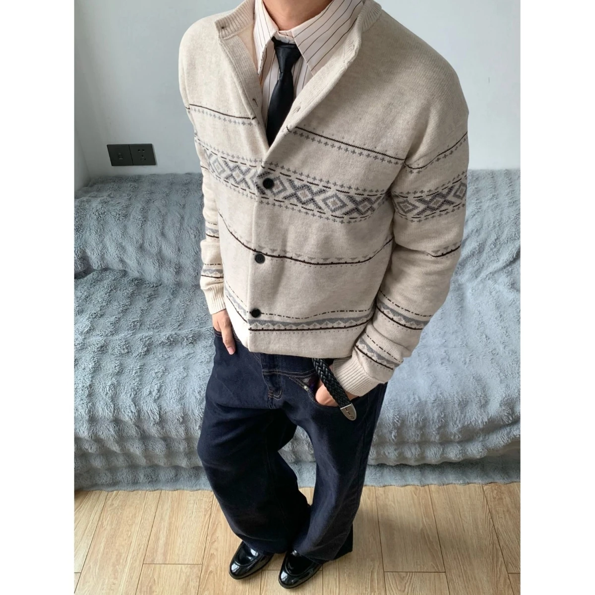 

American Retro Fair Isle High nce Texture Advanced Open Cardigan Sweater Men Lazy Sle Knitted Outerwear Trendy
