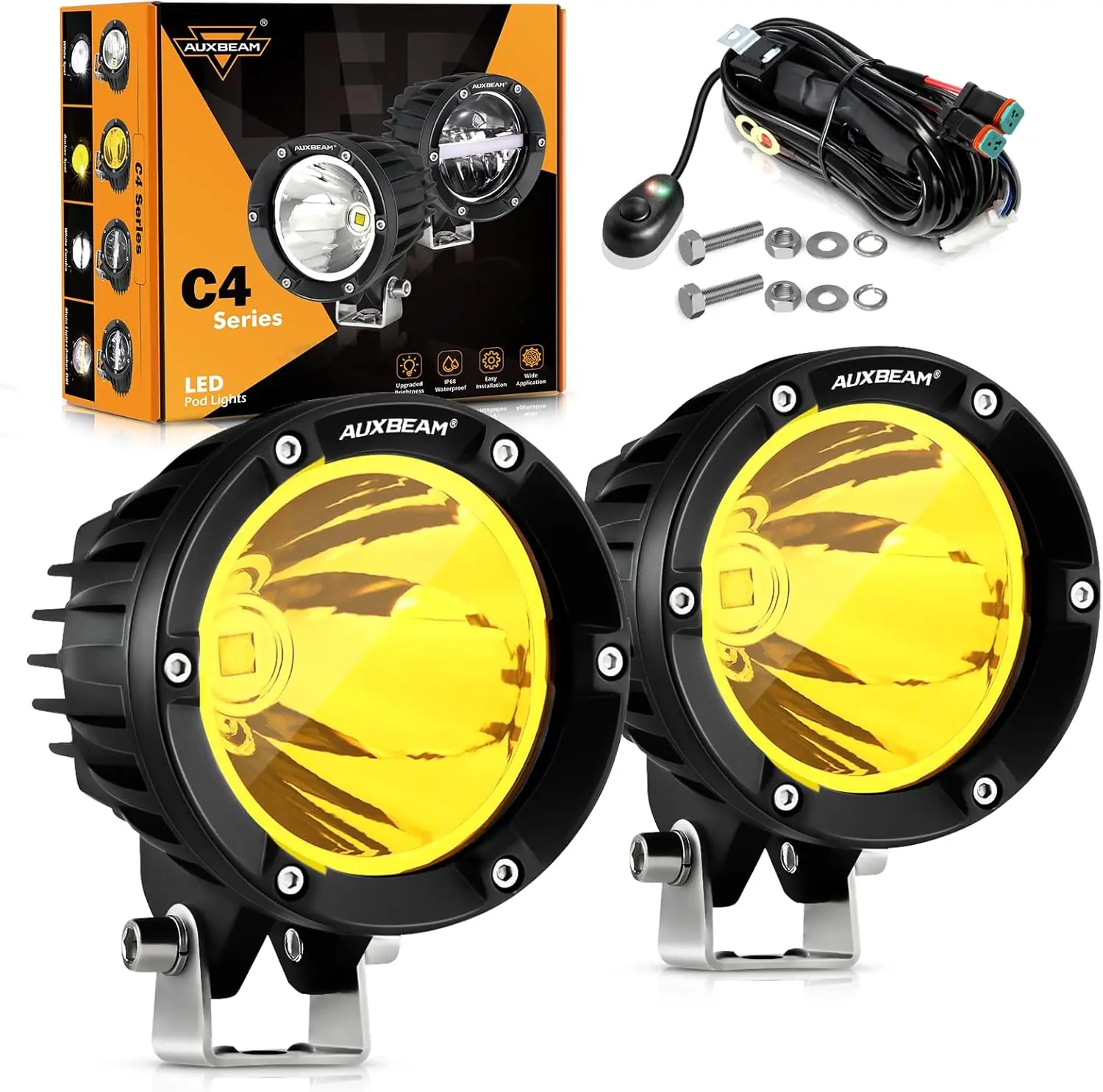 Fog Lights Amber 4 inch 72W, Round Spot Lights Offroad Yellow LED Pods Driving Off Road Light Bar A-Pillar Bumper Ditch Lights f