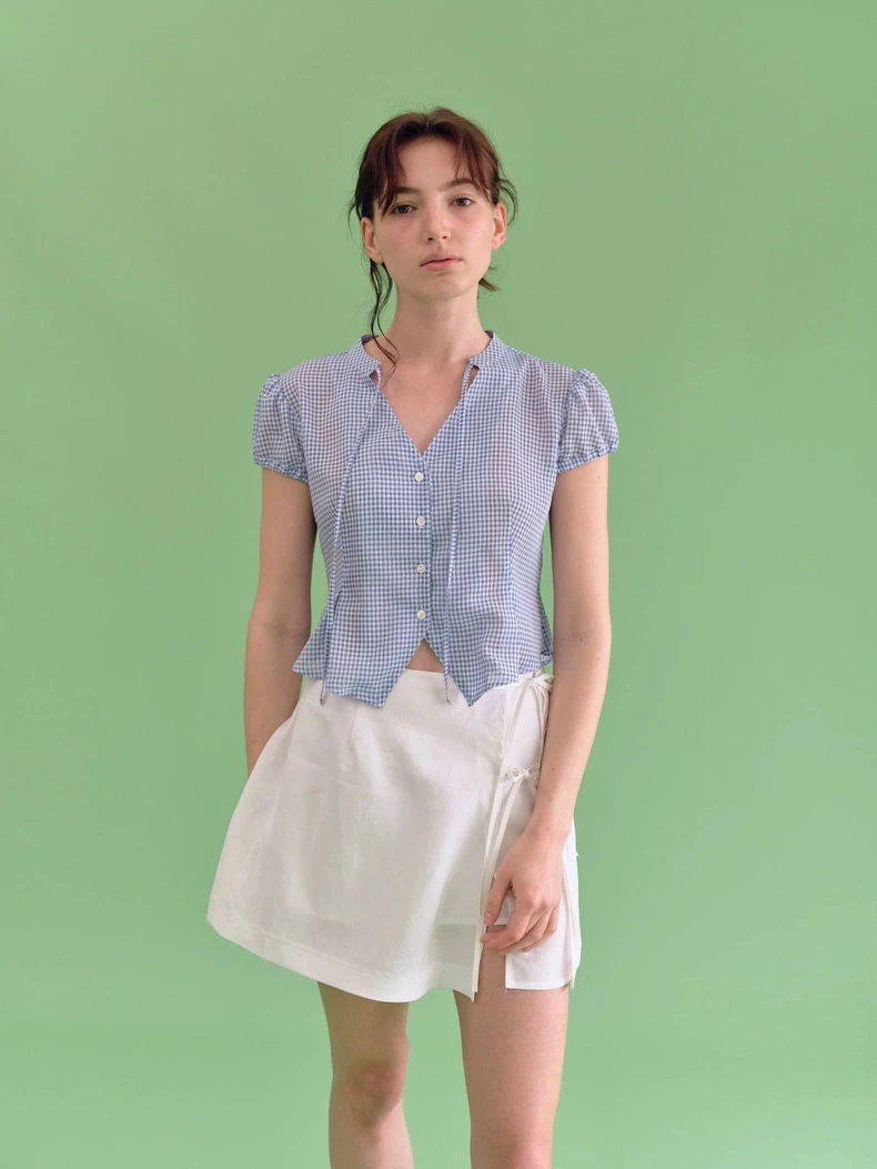 

Cute Bubble Sve Plaid Tie ort Sve irt PREON Summer New Arrival Women's Commute Sle Polyester Cotton Blend Thin irt