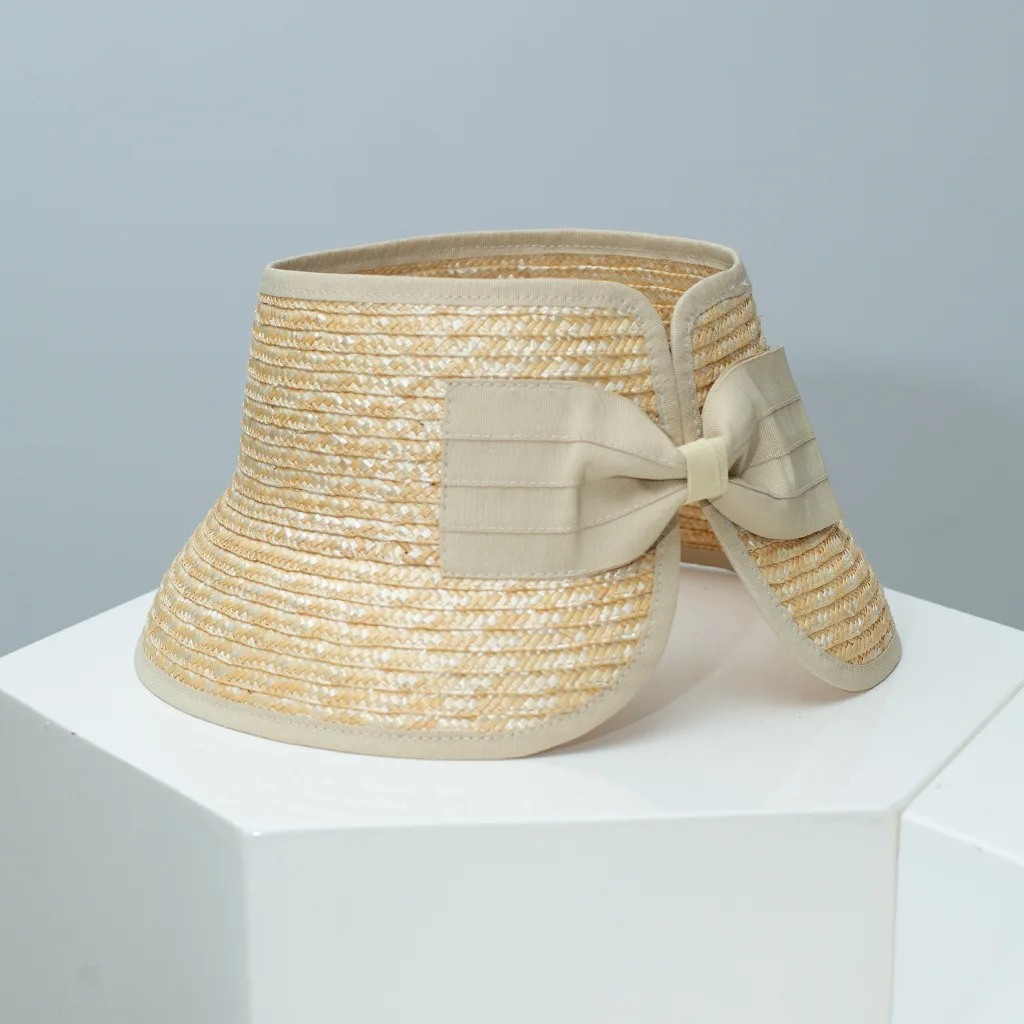 Hollow Open Top Straw Hat, Wide Brim with Ribbon Bow, Sun Protection Visor Cap for Cycling & Beach, Foldable Summer Outdoor Hat