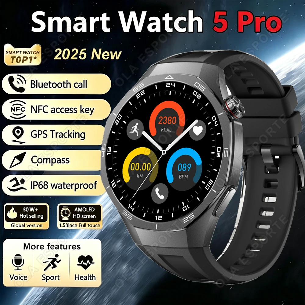 

2026 New Smart Watch 5 Pro AMOLED 1.53 inch Heart Rate Monitoring IP68 Bluetooth Call Smartwatch Suitable For Android IOS HW12