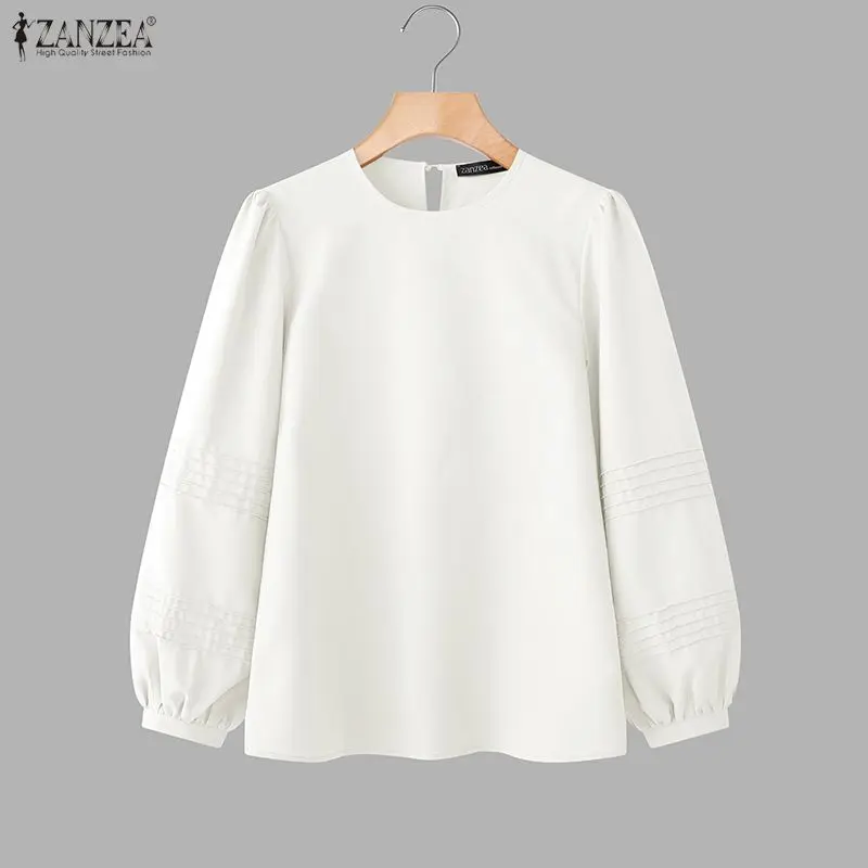

Women Blouses ZANZEA Summer Spring Long Sleeve Lantern Sleeve O Neck Tops Solid Streetwear OL Work Tee Loose Blusas Oversize