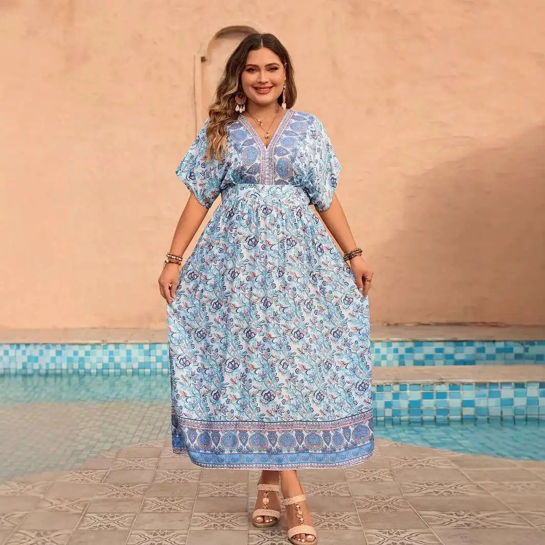 

Loose Plus Size Dress, New Printed Short Sleeved V-neck Long Dress Casuales Satin 2025 Summer Dress Robe Vestido Women Party