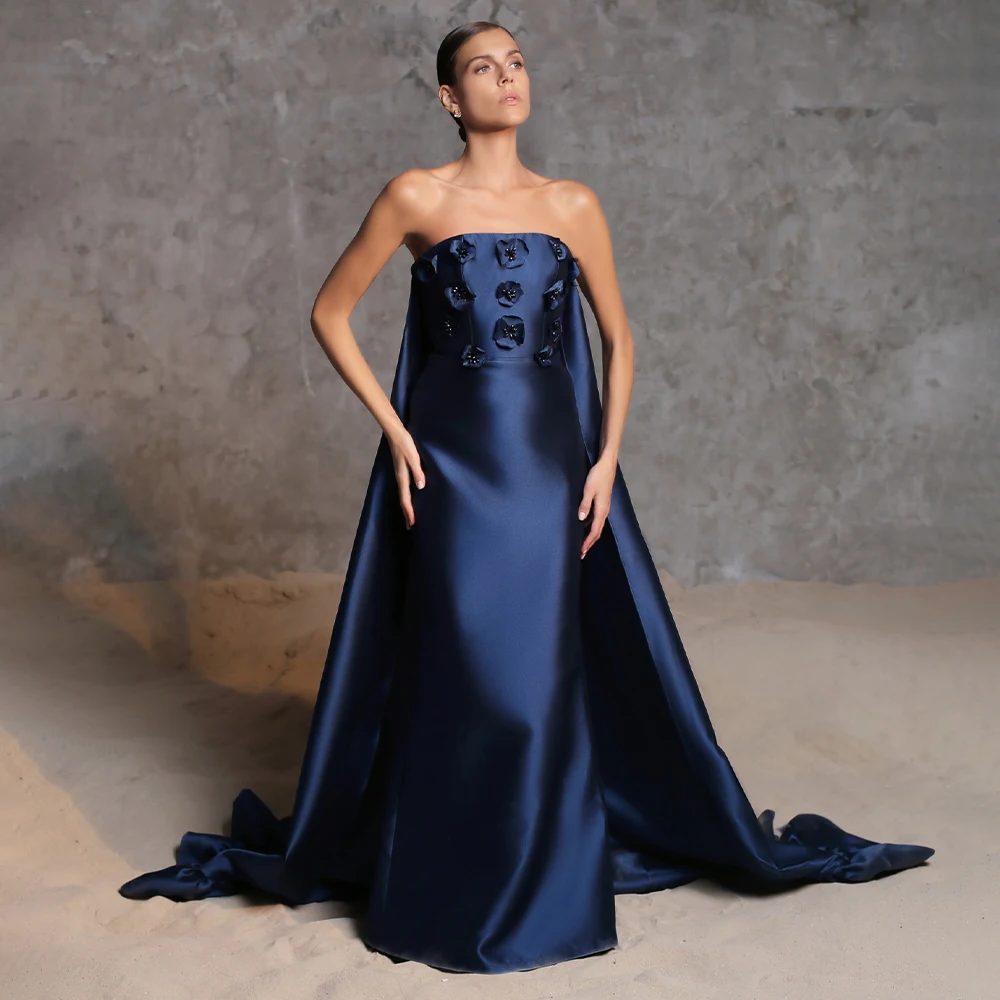 

Navy Blue Evening Dress Strapless A Line Satin Women's Gowns Long Sleeveless 3D Flowers Watteau Train Elegant Prom