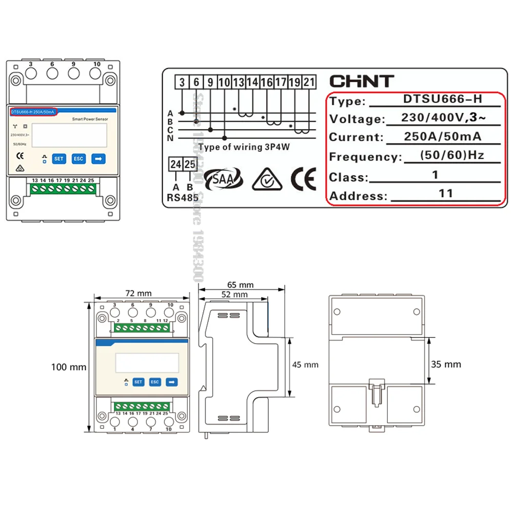 DTSU666-H 250A/50mA Czujnik mocy Energia elektryczna Inteligentny licznik DTSU666 H RS485 Modbus