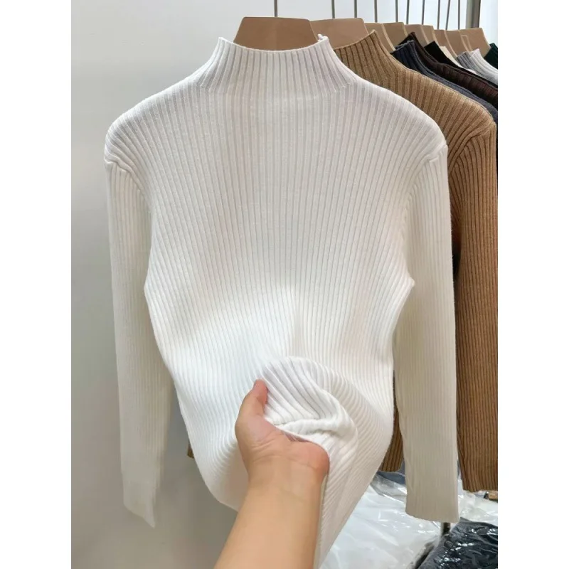 Black Warm Knitted Sweater For Women Autumn/winter Solid Color Base Layer Top For Overcoat Korean Style Half Collar Pullover