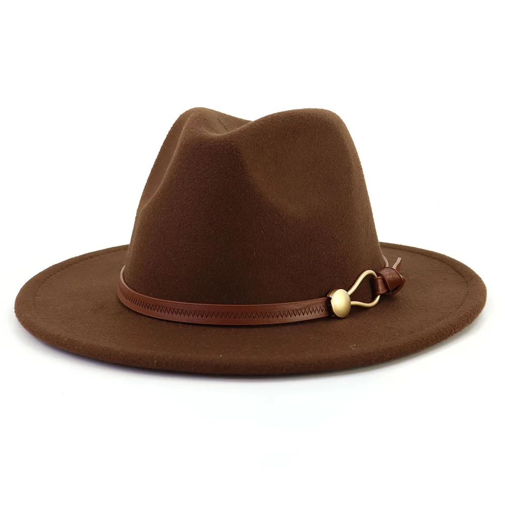 New Brown Belt Buckle Jazz Fedora Hat Autumn Winter Women Men Party Church Top Hat Wide Brim Sun Hat Felt Panama Cap