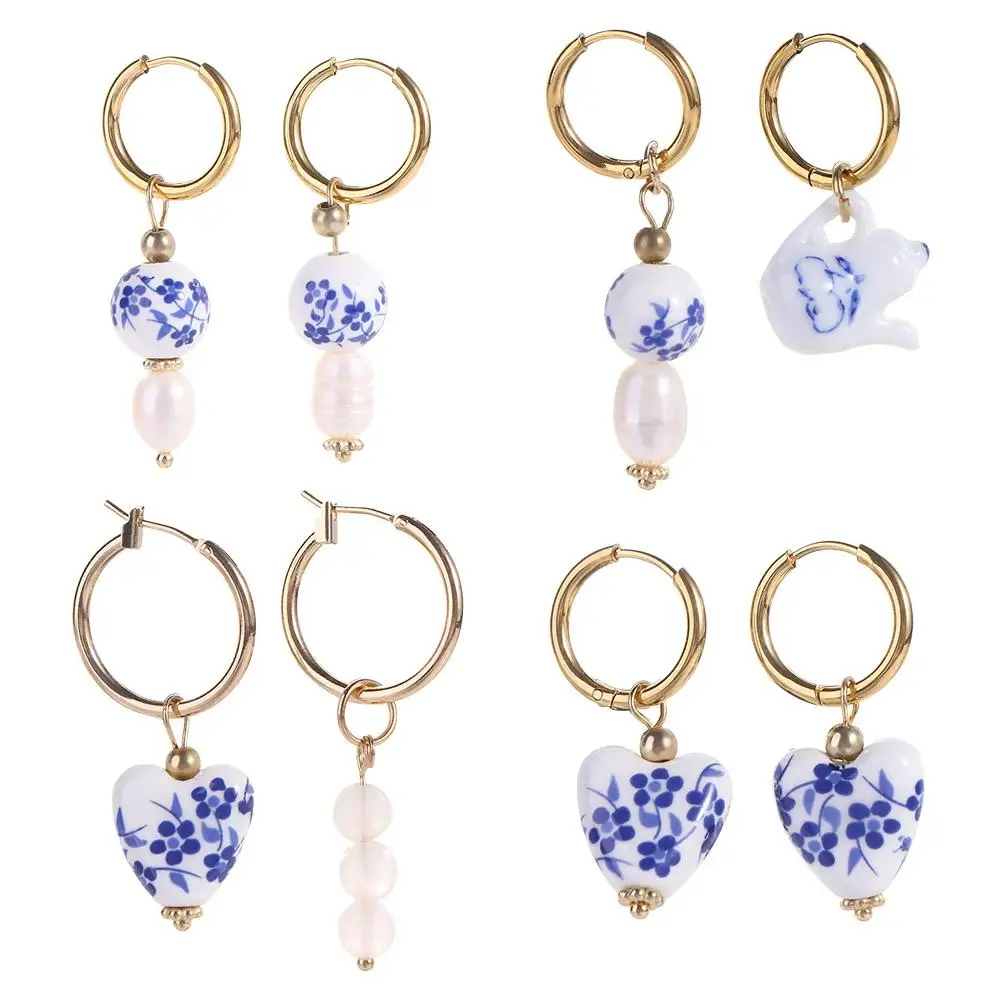 Blue and White Porcelain Glasses Fashion Design Love Heart Women Hoop Earrings Ear Buckle Korean Jewelry Accessories Alloy